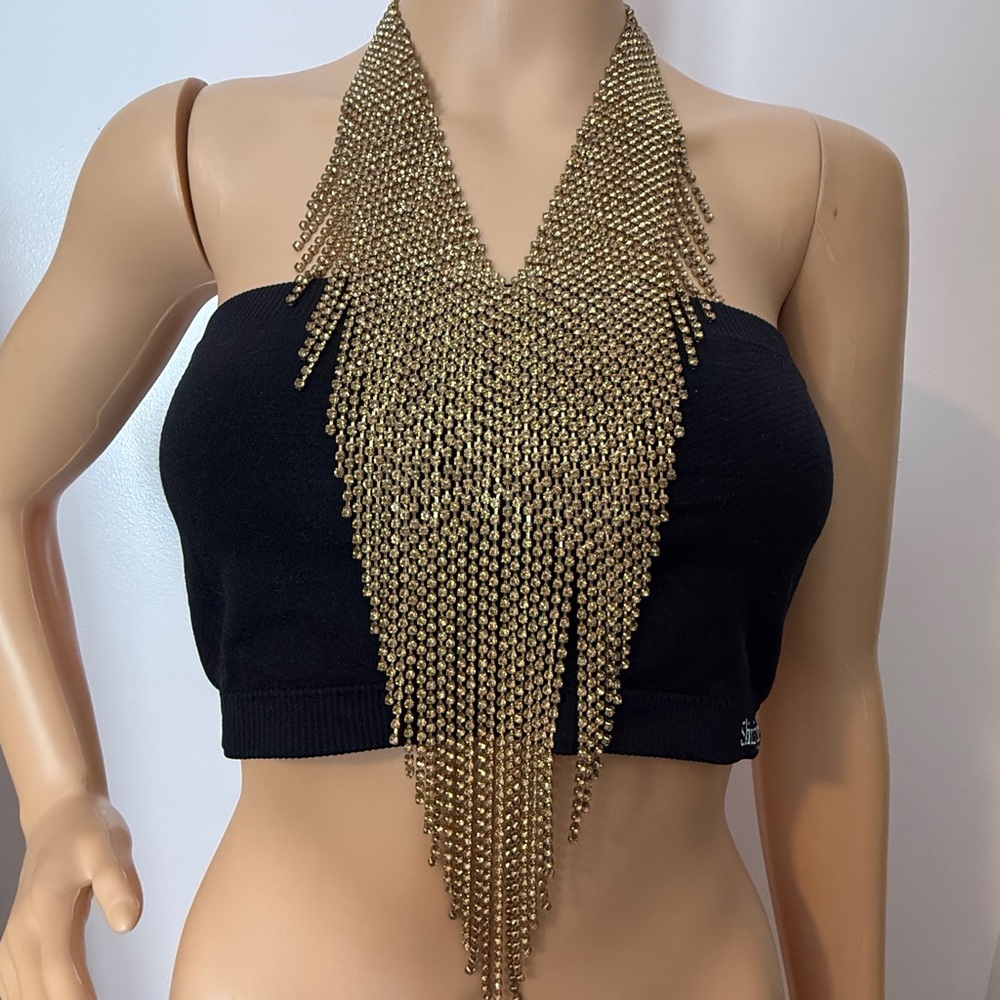 Vintage Natasha V-Shaped Rhinestone Bib Necklace Gold-Tone Statement Fringe - Picture 8 of 16